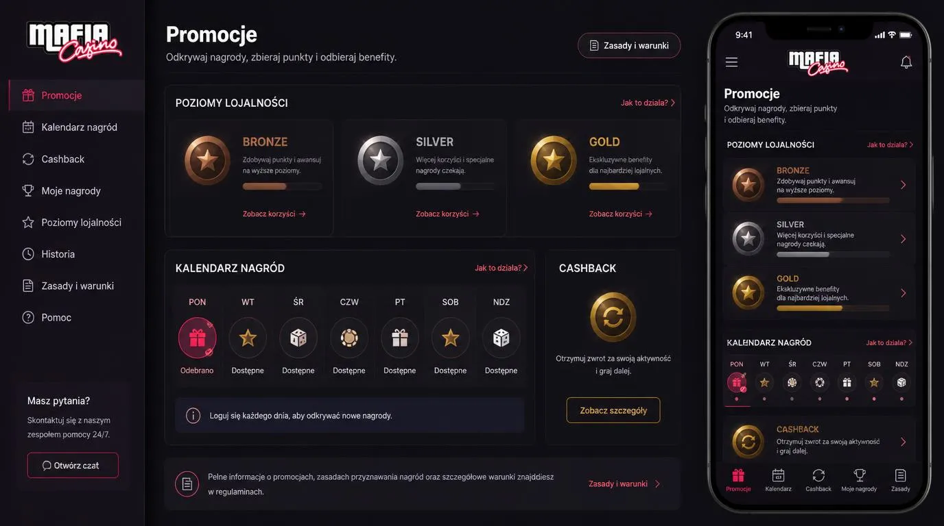 Panel promocji kasyna z poziomami Bronze, Silver i Gold oraz kartami cotygodniowych nagród